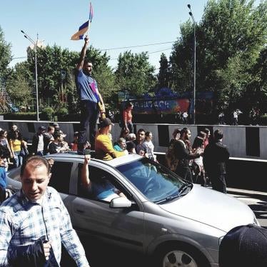 Protesters celebrate the resignation of Prime Minister Serzh Sargsyan following 11 days of protests, Yerevan, Armenia, April 23, 2018.