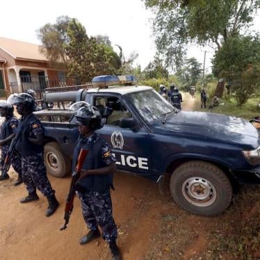 Riot police block a driveway on the outskirts of Uganda's capital Kampala, February 20, 2016.